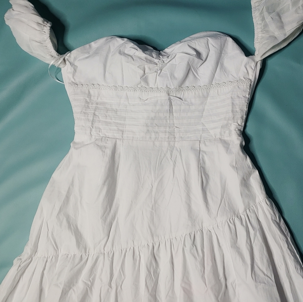 Hello Molly White Off-Shoulder Tie Back Tiered Midi Dress - Picture 2 of 7
